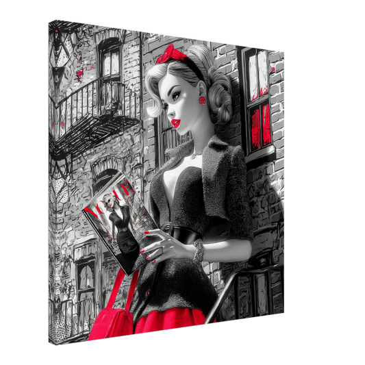 Black and white art of a fashion doll wearing a red skirt and black blazer, on a NYC street corner holding a magazine-slim-24x24-inches-canvas-print-nyc-noir-doll-mockup, Graphique Addictions