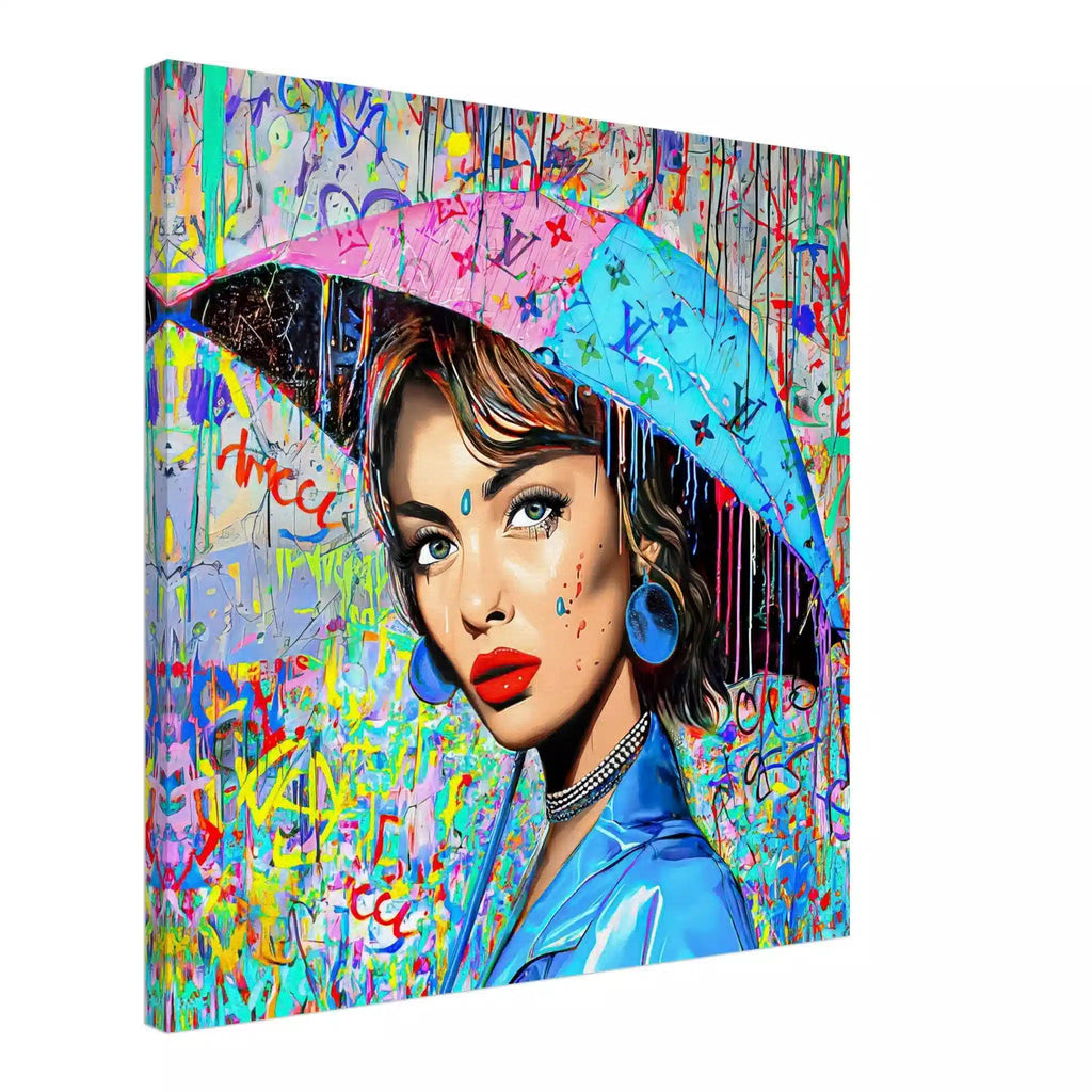 Slim canvas print of Audrey Hepburn holding an umbrella decorated with graffiti and Louis Vuitton-inspired monogram and a backdrop with patterns of graffiti and dripping paint. Painted Rainfall-Graphique Addictions.