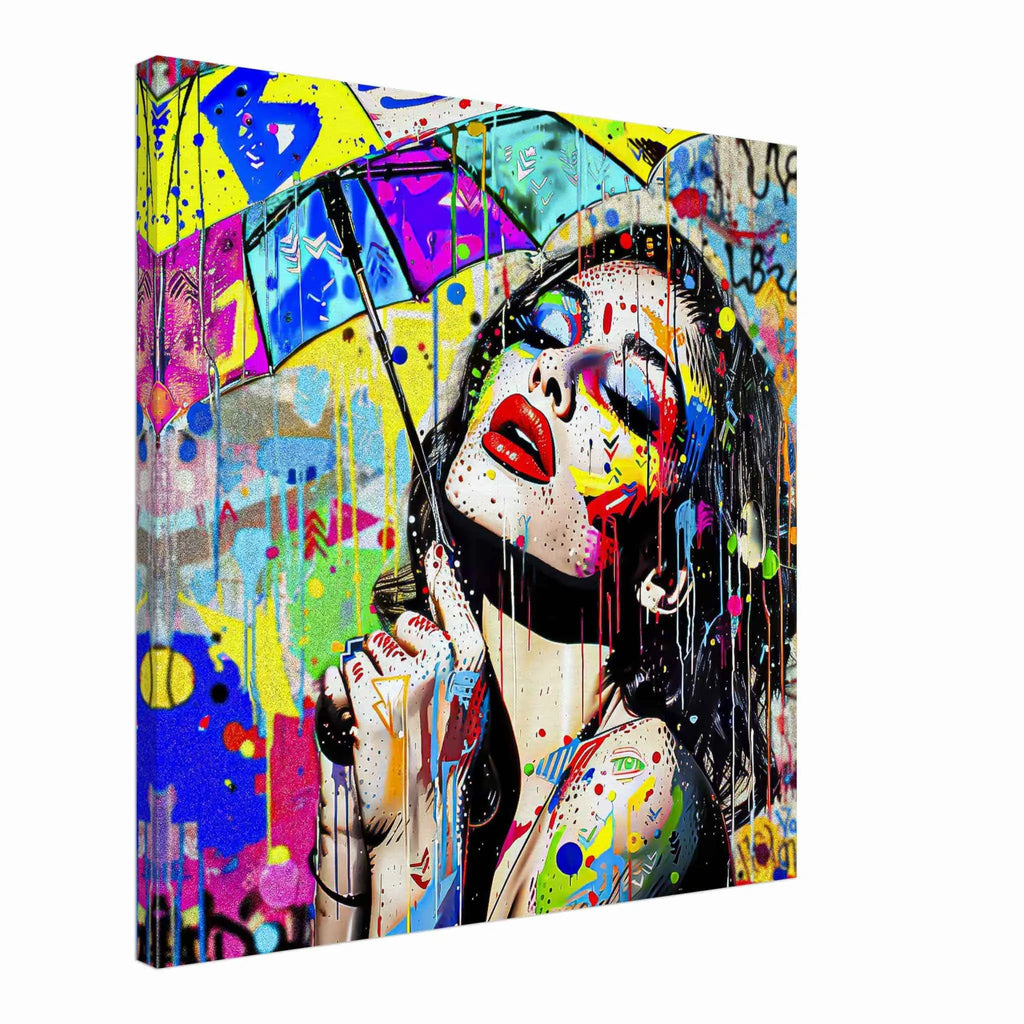beautiful woman holding an umbrella against a vibrant storm of colorful paint splashes. Canvas Print-Slim-Painted Rainstorm Glam-Graphique Addictions