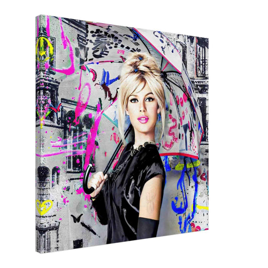 Brigitte Bardot holding an umbrella in a black dress and gloves, against a graffiti-cityscape with neon colors, canvas print. Parisian Pop-Graphique Addictions.