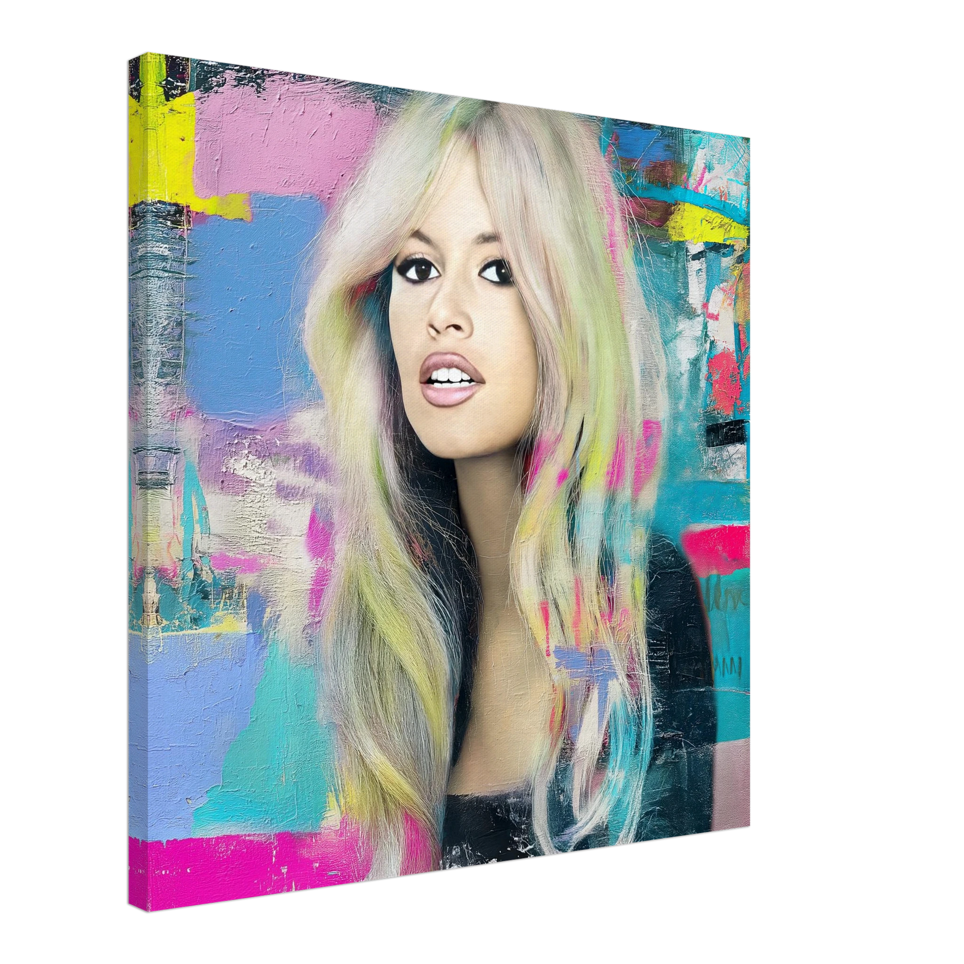 slim canvas oil painting of Brigitte Bardot with pastel-colored hair with bright colors and brush strokes. Pastel-Bardot-living room wall mockup.