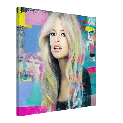 slim canvas oil painting of Brigitte Bardot with pastel-colored hair with bright colors and brush strokes. Pastel-Bardot-living room wall mockup.