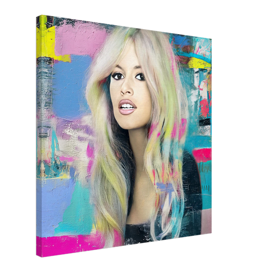 slim canvas oil painting of Brigitte Bardot with pastel-colored hair with bright colors and brush strokes. Pastel-Bardot-living room wall mockup.