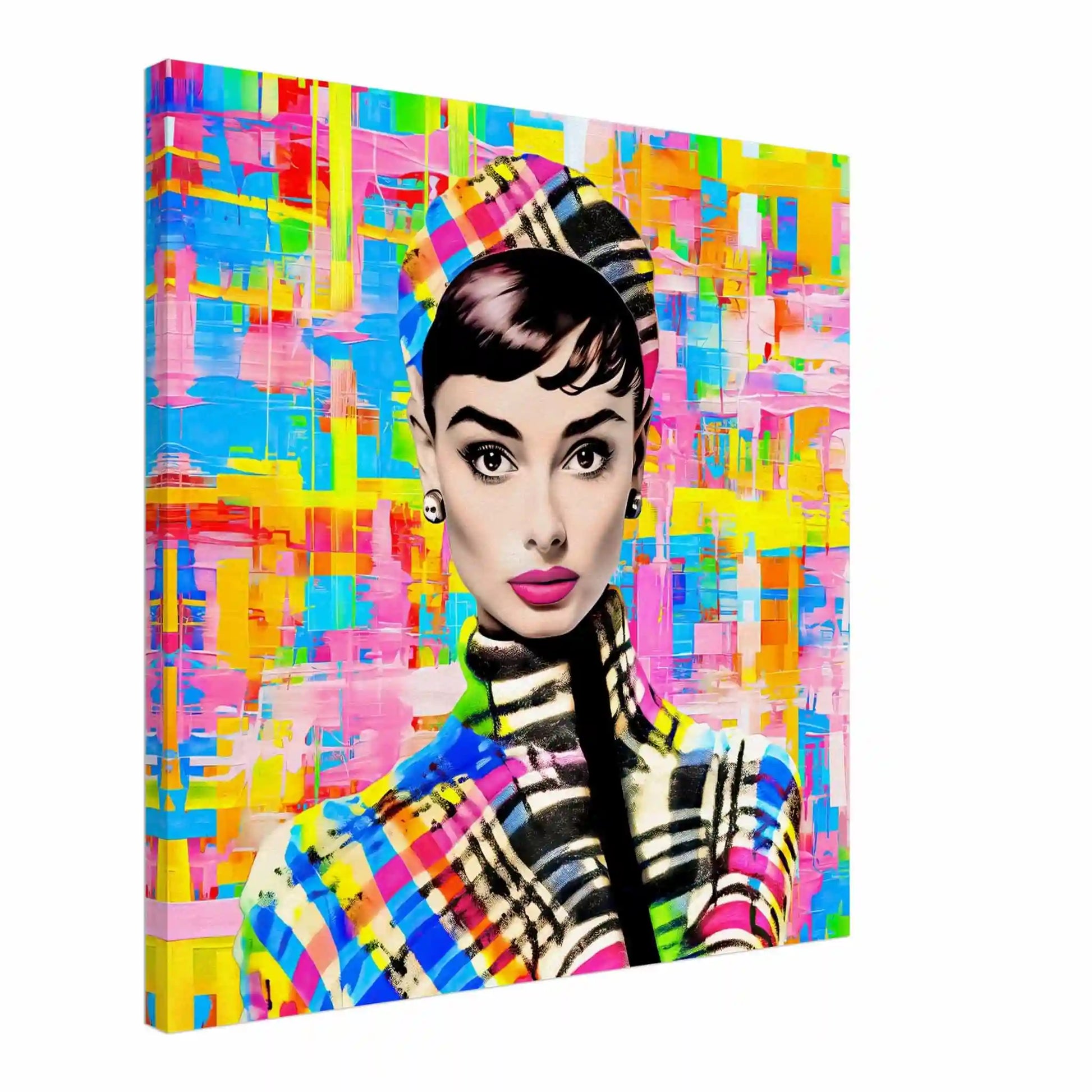 Slim Canvas print featuring Audrey Hepburn Pop Art Print on Multicolored Plaid Background.