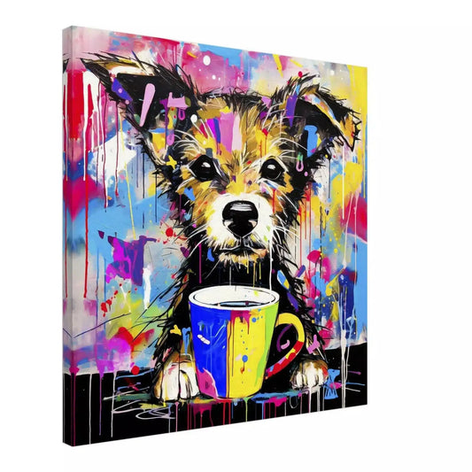 Canvas print of a puppy holding a cup of coffee with colorful paint splatters. Puppuccino Picasso-Graphique Addictions.