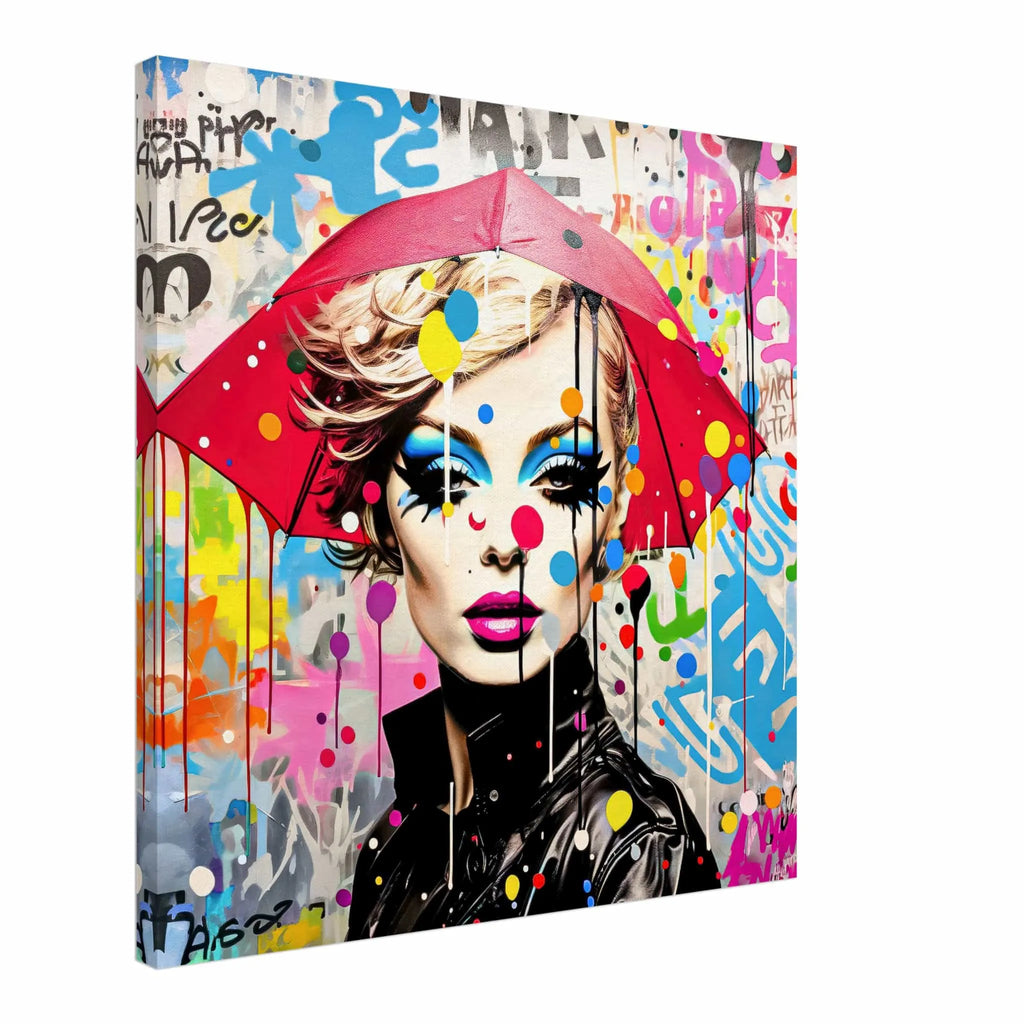 Portrait of a model with bold makeup and polka dots, holding an oversized umbrella, set against colorful street graffiti with lines and paint-drip effects. Canvas Print-Slim-Rain Radiance -Graphique Addictions