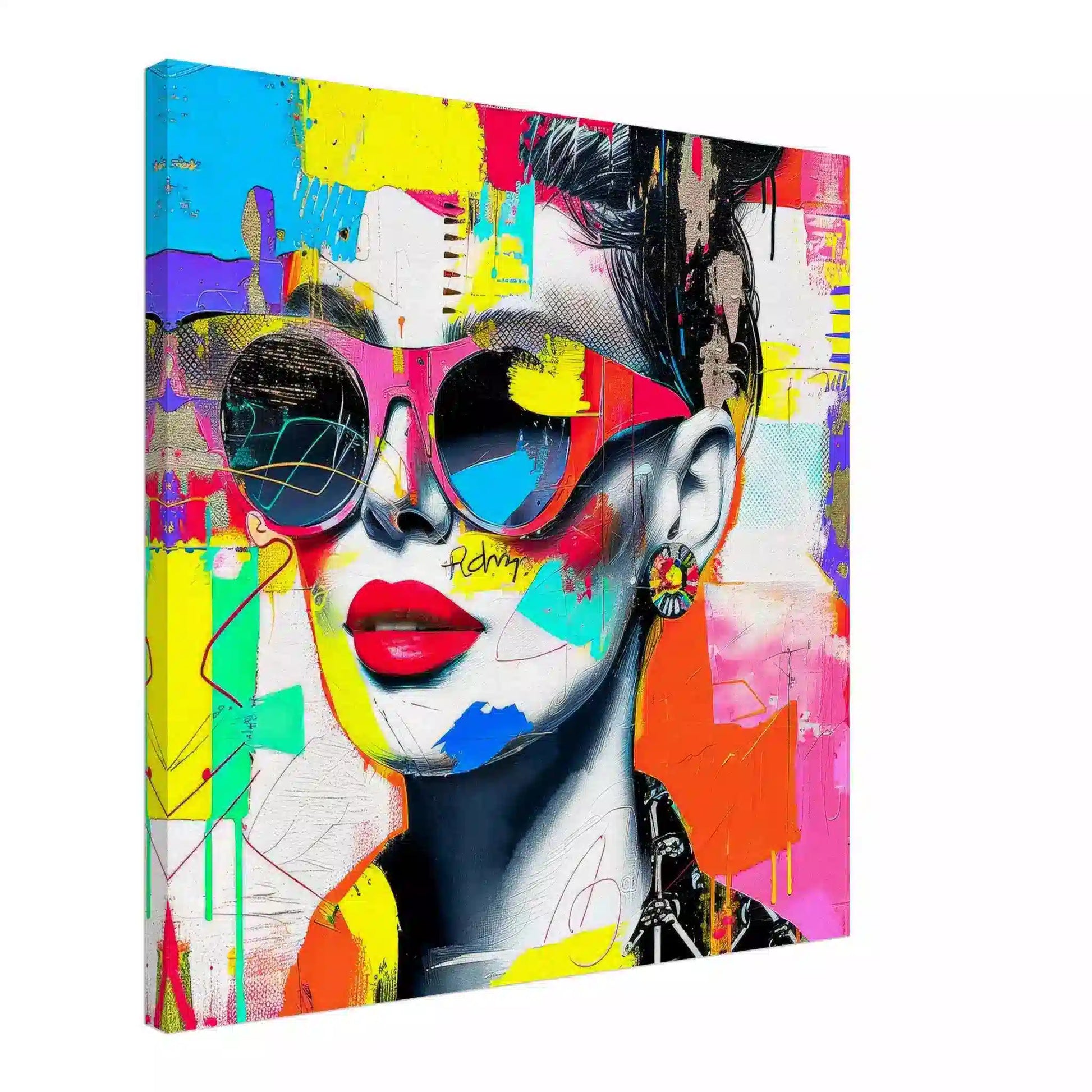 Portrait of a woman wearing sunglasses, red lips, and a bold earring against colorful abstract strokes, textures, and graffiti-inspired elements. Canvas Print-Slim-Shades of Compositions-Graphique Addictions