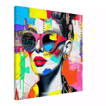 Portrait of a woman wearing sunglasses, red lips, and a bold earring against colorful abstract strokes, textures, and graffiti-inspired elements. Canvas Print-Slim-Shades of Compositions-Graphique Addictions