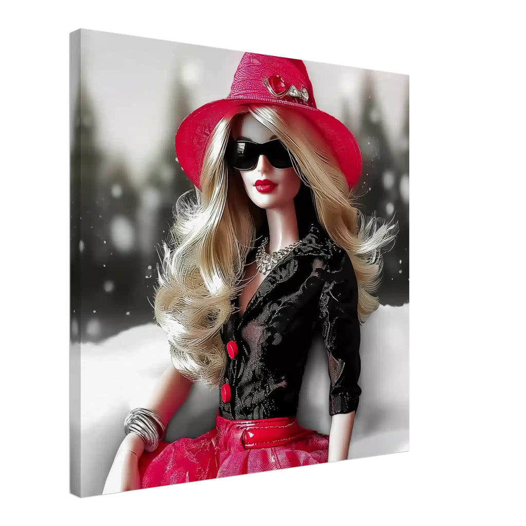 Canvas print of stylish barbie-inspired doll sitting in the snow, with long wavy blonde hair, wearing sunglasses and a red rhinestone hat and black lace top and a red skirt. Snowy Doll Dior-Graphique Addictions.