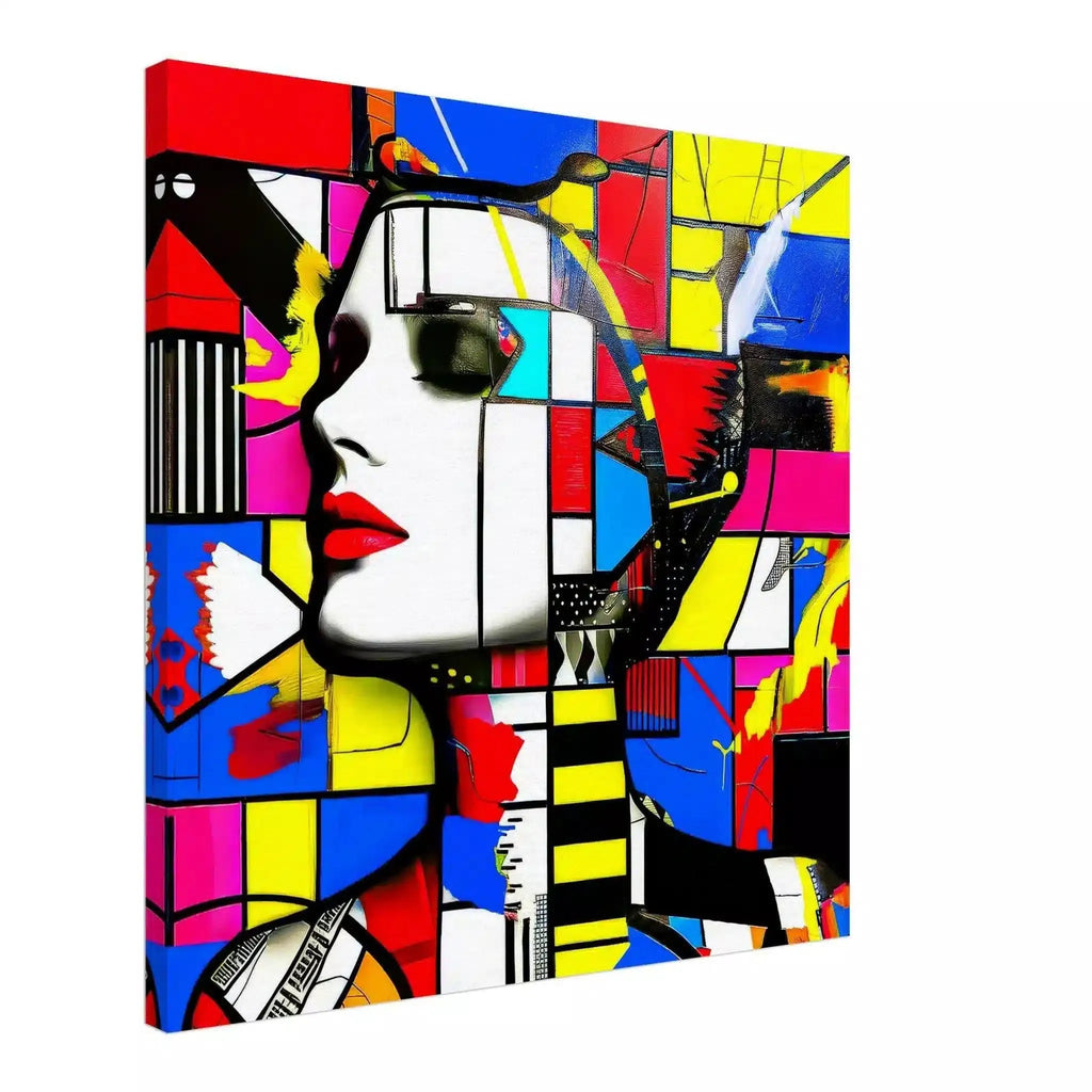 Face with bold geometric patterns in red, blue, yellow, and pink, evoking futuristic charm. Canvas Print-Slim-Technicolor Temptress-Graphique Addictions