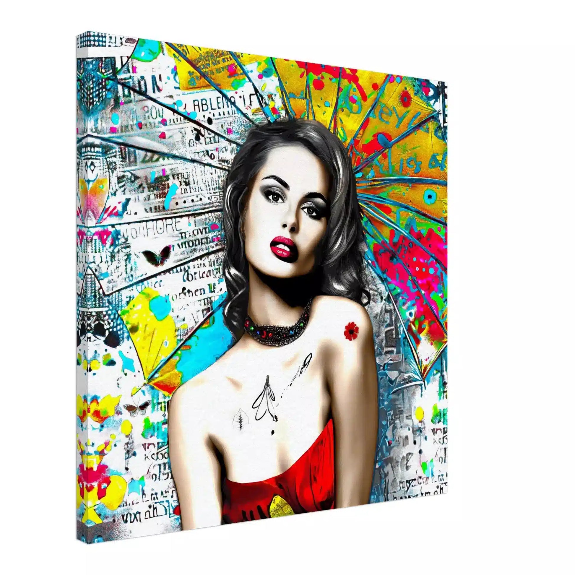 Canvas print of woman against vibrant graffiti ink and vibrant colors. Umbrella Ink Pop-Graphique Addictions.