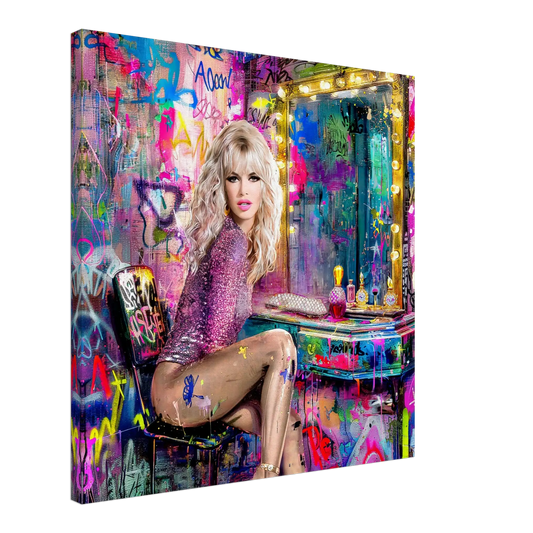 Brigitte Bardot wearing a pink bodysuit, sitting at a vanity table with perfume bottles and makeup, in front of a graffiti-covered wall-slim canvas-Graphique Addictions.