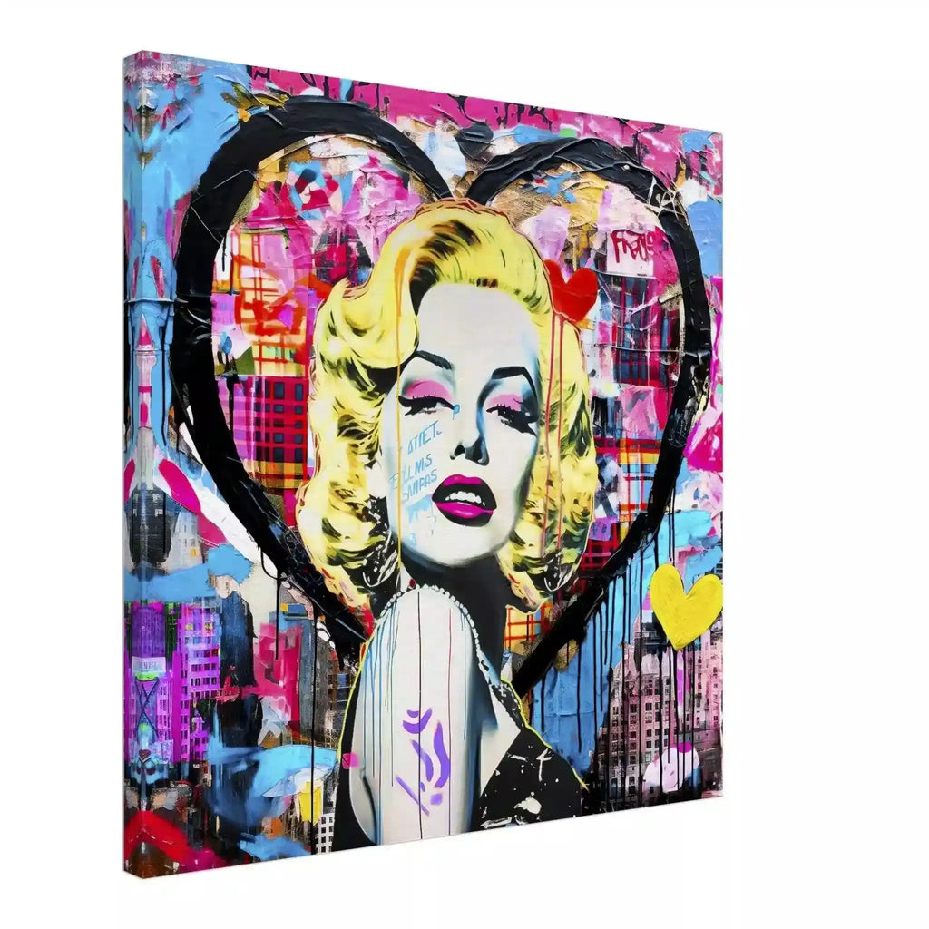 Marilyn Monroe portrait set against a heart-shaped cityscape background, with vibrant graffiti and bold colors and patterns. Canvas Print-Slim-Vibrant Heart Portrait-Graphique Addictions