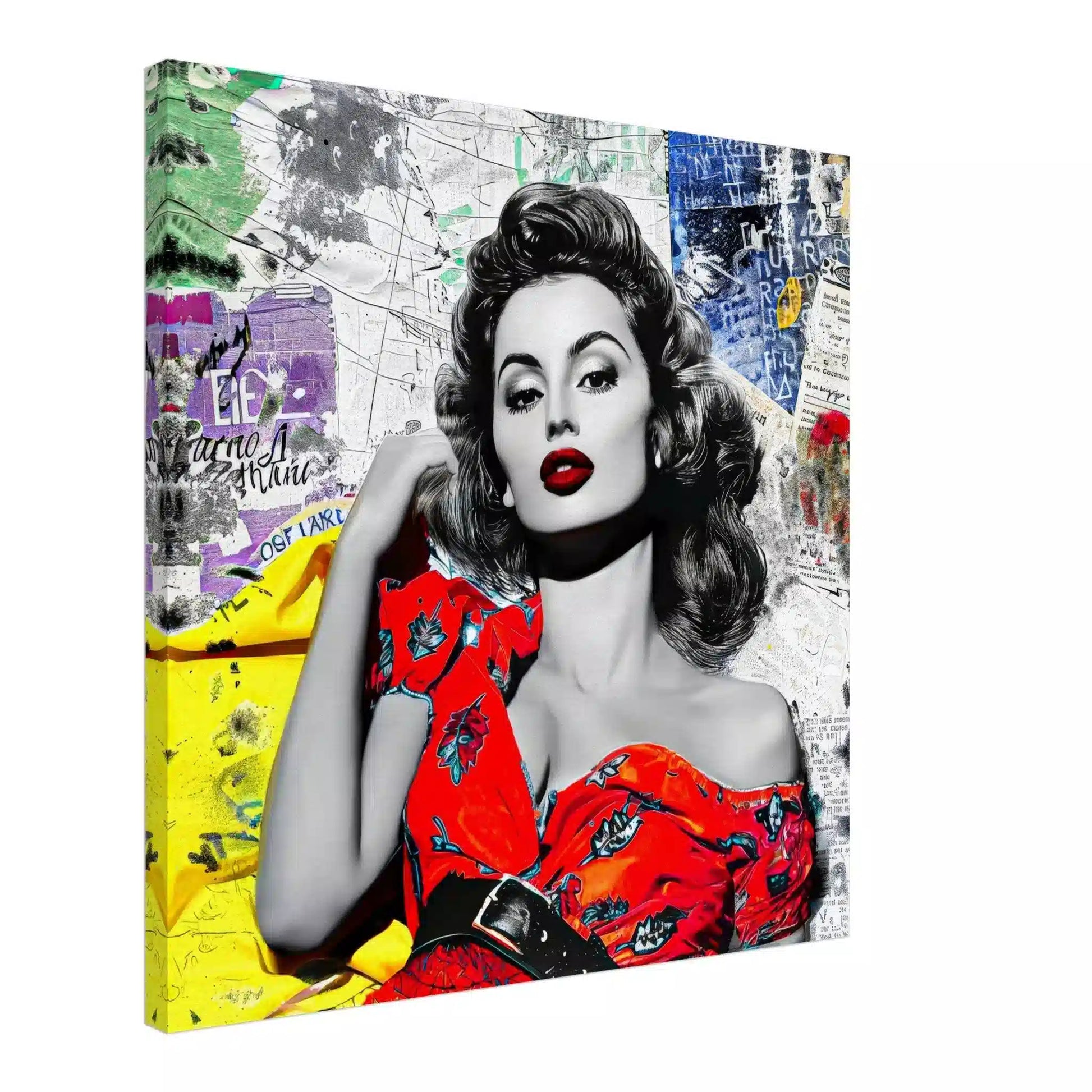 Sophia Lauren in red dress surrounded by colorful newspaper clippings and maps. Slim canvas - Vintage Starlet-Graphique Addictions