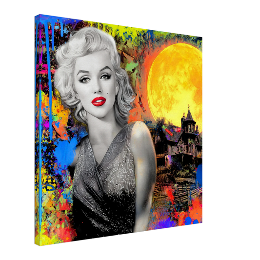 colorful slim canvas art print of marilyn monroe with paint splashes and a moon and haunted house behind her. Haunted Moonlight Vixen-Graphique Addictions.