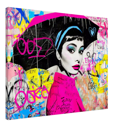 colorful graffiti pop art portrait of Audrey Hepburn holding an umbrella, canvas print. Graffiti Drizzle, Graphique Addictions.