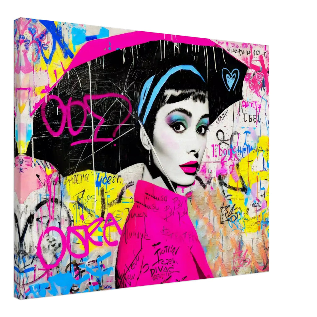 colorful graffiti pop art portrait of Audrey Hepburn holding an umbrella, canvas print. Graffiti Drizzle, Graphique Addictions.