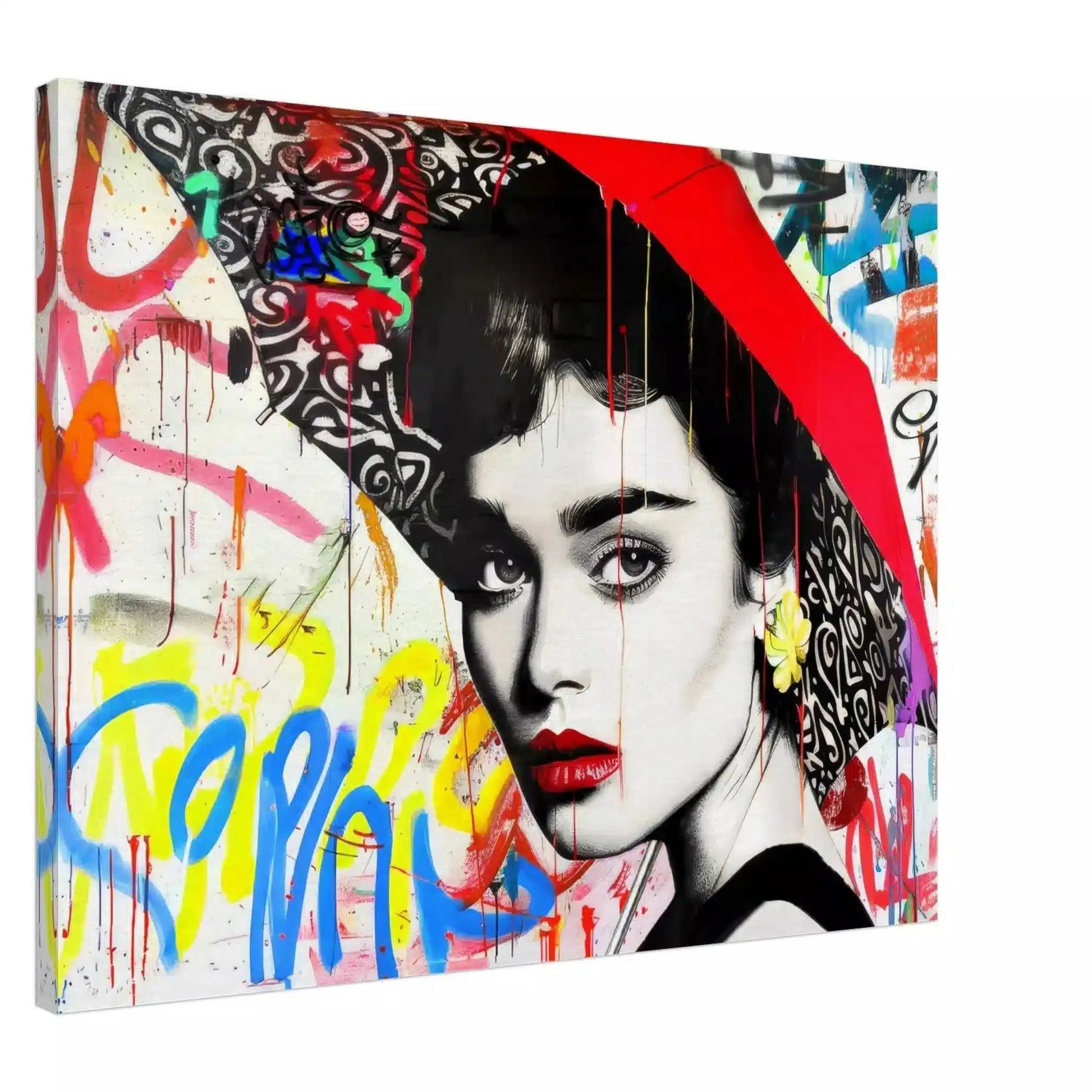 Canvas  print of Audrey Hepburn holding a red umbrella, white backdrop of yellow, blue, and red street-art. Graffiti Rainstorm-Graphique Addictions. 
