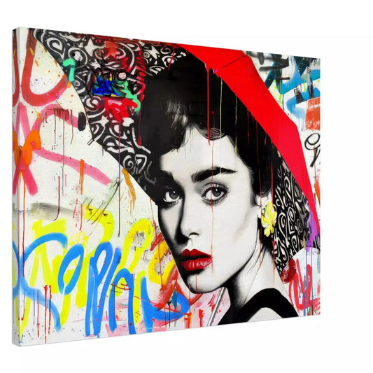 Canvas  print of Audrey Hepburn holding a red umbrella, white backdrop of yellow, blue, and red street-art. Graffiti Rainstorm-Graphique Addictions. 