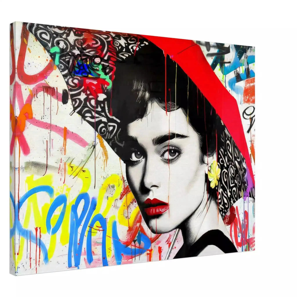 Canvas  print of Audrey Hepburn holding a red umbrella, white backdrop of yellow, blue, and red street-art. Graffiti Rainstorm-Graphique Addictions. 
