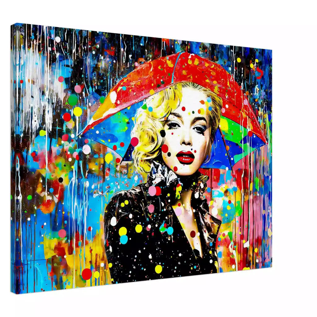 Marilyn Monroe with an umbrella and colorful painted rain drops slim-24x32-inches-canvas-print-splash-of-elegance