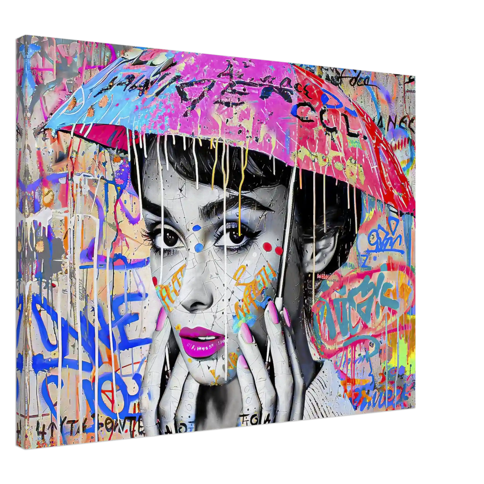 Slim canvas print of Audrey Hepburn with an umbrella over her head with colorful graffiti and paint. Splash of Street Style-Graphique Addictions.