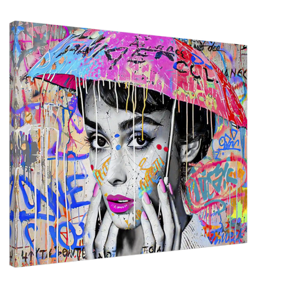 Slim canvas print of Audrey Hepburn with an umbrella over her head with colorful graffiti and paint. Splash of Street Style-Graphique Addictions.