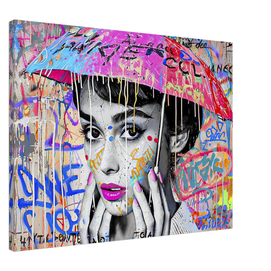 Slim canvas print of Audrey Hepburn with an umbrella over her head with colorful graffiti and paint. Splash of Street Style-Graphique Addictions.