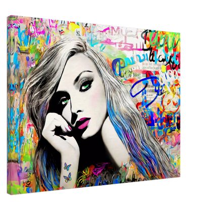 Slim canvas art print of a woman with long colorful streaked hair and green eyes against colorful graffiti. Splash of Vibrance-Graphique Addictions.