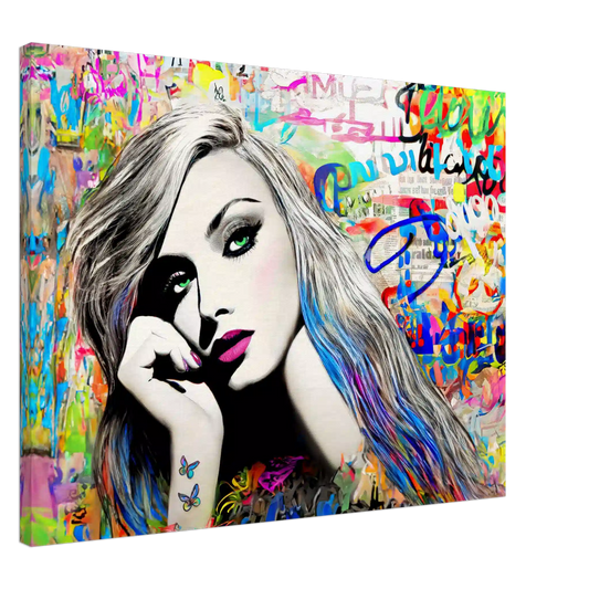 Slim canvas art print of a woman with long colorful streaked hair and green eyes against colorful graffiti. Splash of Vibrance-Graphique Addictions.
