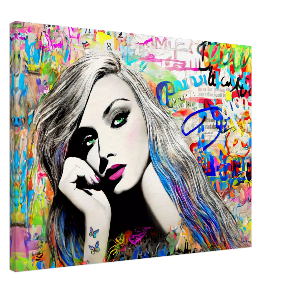 Slim canvas art print of a woman with long colorful streaked hair and green eyes against colorful graffiti. Splash of Vibrance-Graphique Addictions.