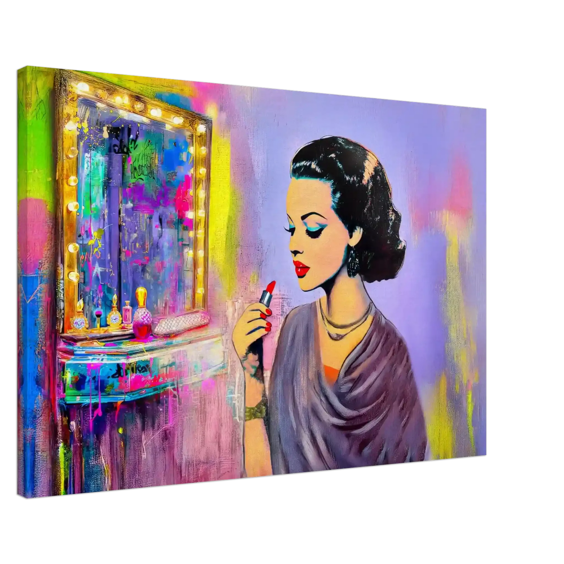 slim canvas print of a dark haired woman applying lipstick in front of a vanity mirror, with vintage makeup tools and colorful bold color. Hollywood Vintage Starlet-Graphique Addictions.