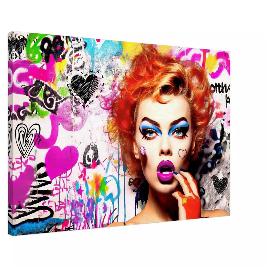 Chic Chaos: Canvas of red-haired woman against a backdrop of colorful graffiti art, hearts, and butterflies-Graphique Addictions.