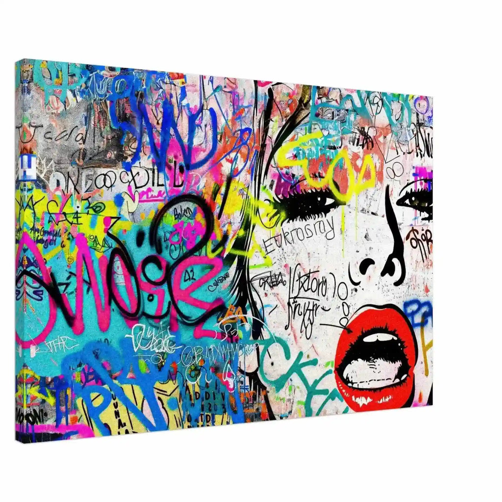 Chic Femme Graffiti Gaze: Canvas pop art portrait of a woman against colorful graffiti, bold brush strokes, and ink splashes-Graphique Addictions.