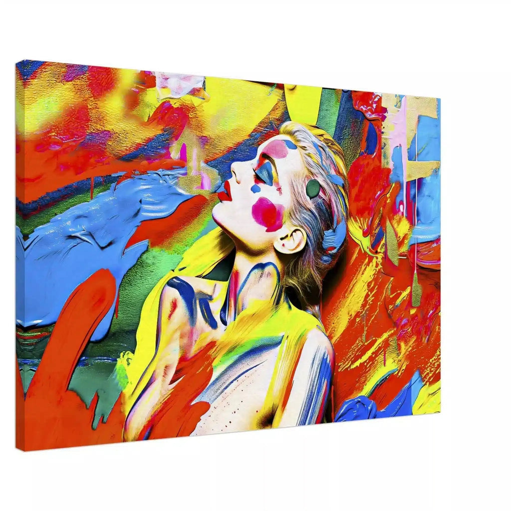Canvas print of a woman against a background of bold, abstract painted brushstrokes. Chromatic Liquid Elegance-Graphique Addictions.