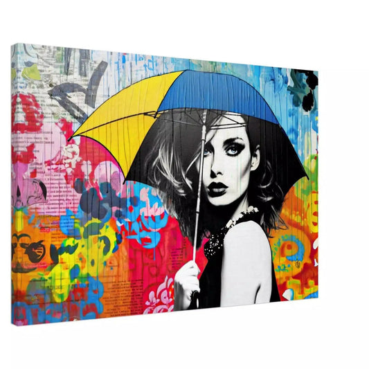 Canvas print of a woman holding an umbrella, surrounded by vibrant graffiti and graph paper patterns in black, blue, yellow, white, and red. Color Me Rainy-Graphique Addictions.