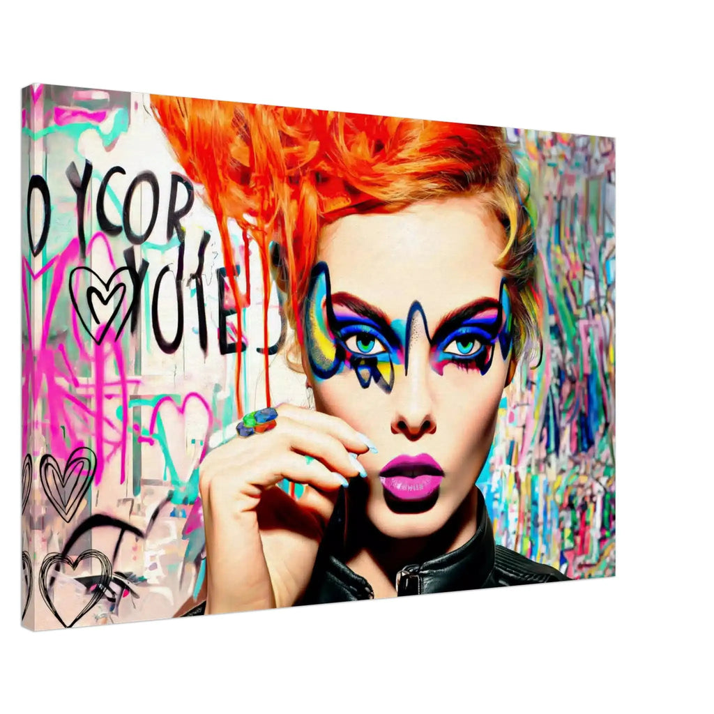 Woman with orange-red hair, blue eyes, and vibrant geometric eyeshadow against a colorful graffiti backdrop canvas artwork titled: Colorburst Diva-Graphique Addictions.