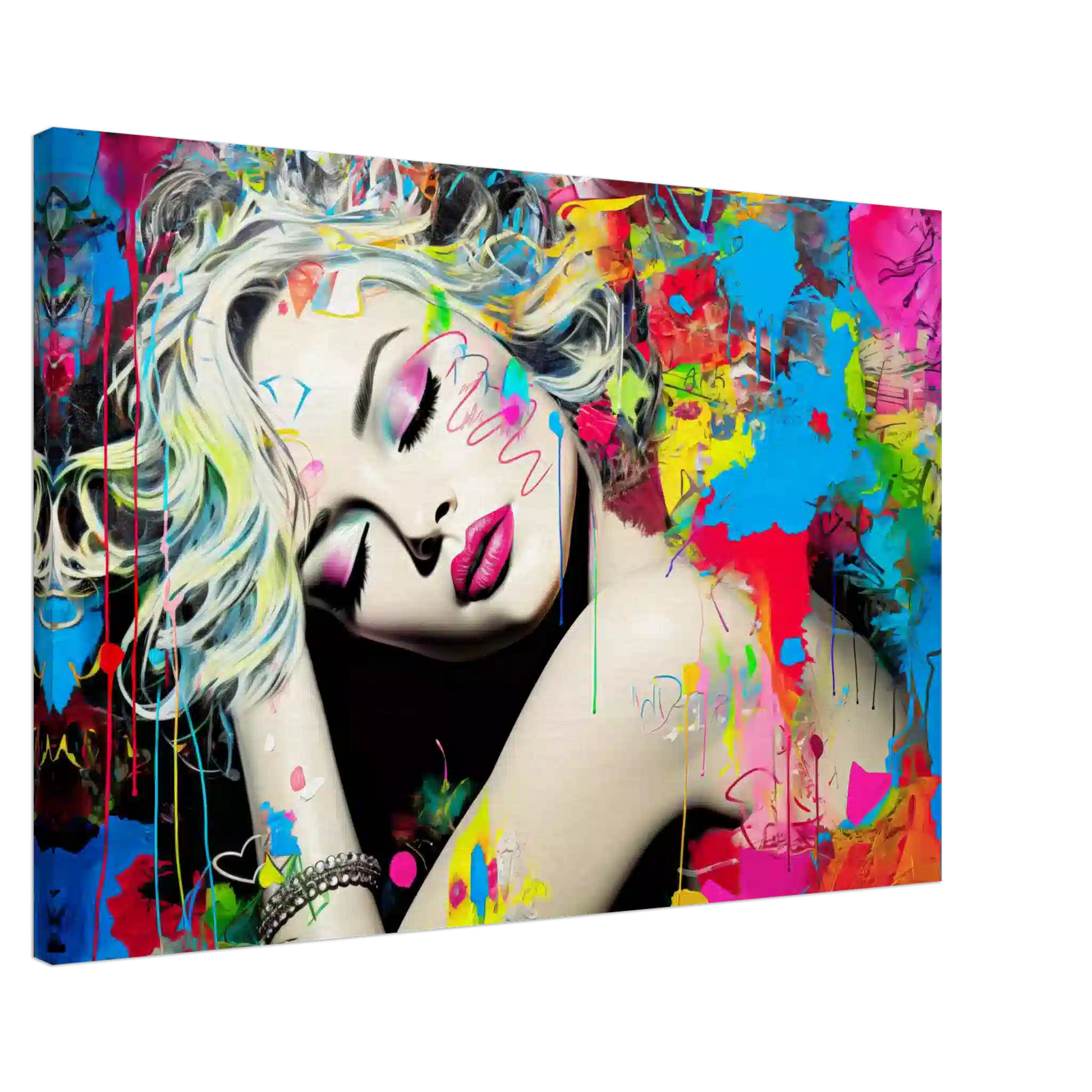 Blonde woman with colorful makeup, tattoos, and graffiti against a backdrop of colorful splashes. Canvas artwork titled: Colorful Captivation-Graphique Addictions. 