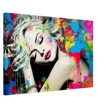 Blonde woman with colorful makeup, tattoos, and graffiti against a backdrop of colorful splashes. Canvas artwork titled: Colorful Captivation-Graphique Addictions. 