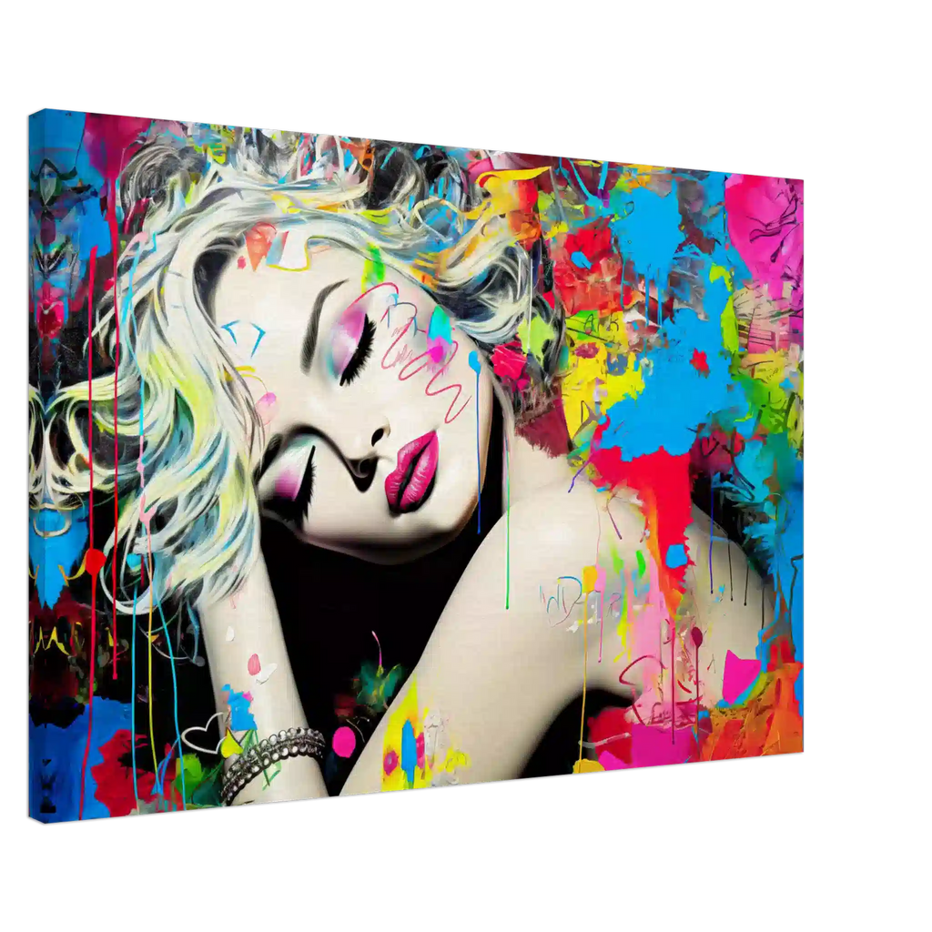 Blonde woman with colorful makeup, tattoos, and graffiti against a backdrop of colorful splashes. Canvas artwork titled: Colorful Captivation-Graphique Addictions. 
