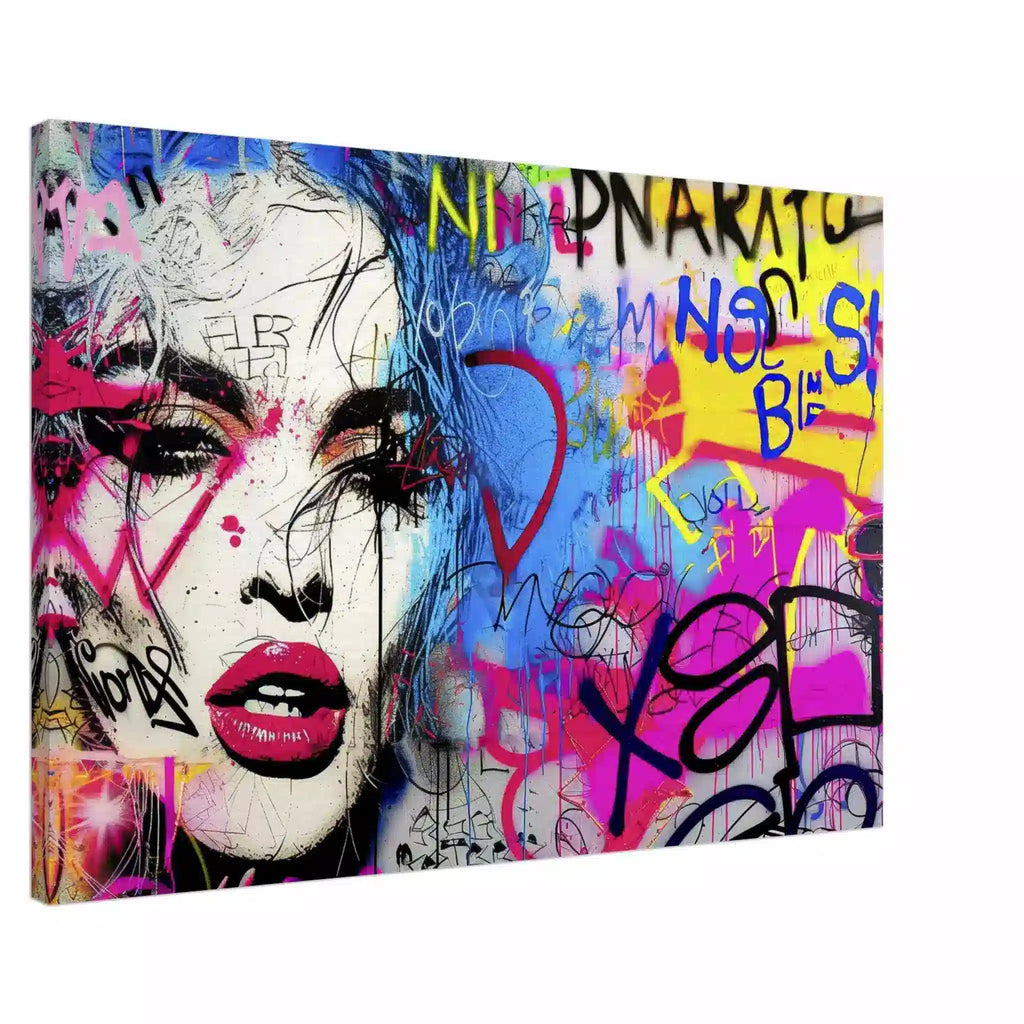 Canvas print featuring a woman's face decorated with bold graffiti, set against a vibrant background of blue, yellow, and pink graffiti colors. Title: Graffiti Femme Fantasy-Graphique Addictions.