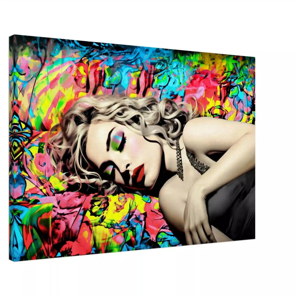 Canvas print of Madonna lying down with her eyes closed in a black dress, set against a vibrant backdrop of blue, red, and yellow graffiti. Title: Graffiti Lullaby-Graphique Addictions.
