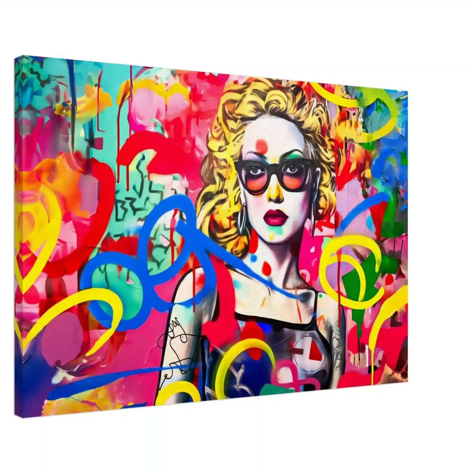 Canvas art print of a blonde haired woman with tattoos wearing sunglasses, set against a vibrant graffiti backdrop. Title: Tattooed Temptation-Graphique Addictions.