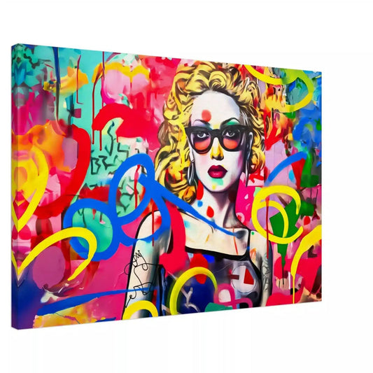 Canvas art print of a blonde haired woman with tattoos wearing sunglasses, set against a vibrant graffiti backdrop. Title: Tattooed Temptation-Graphique Addictions.