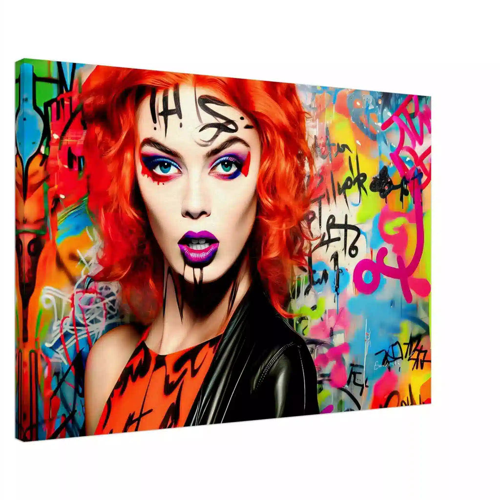Canvas print featuring a red-headed woman with bold gothic makeup, wearing a black leather jacket and an orange top, set against a colorful graffiti background. Graffiti Vixen-Graphique Addictions.