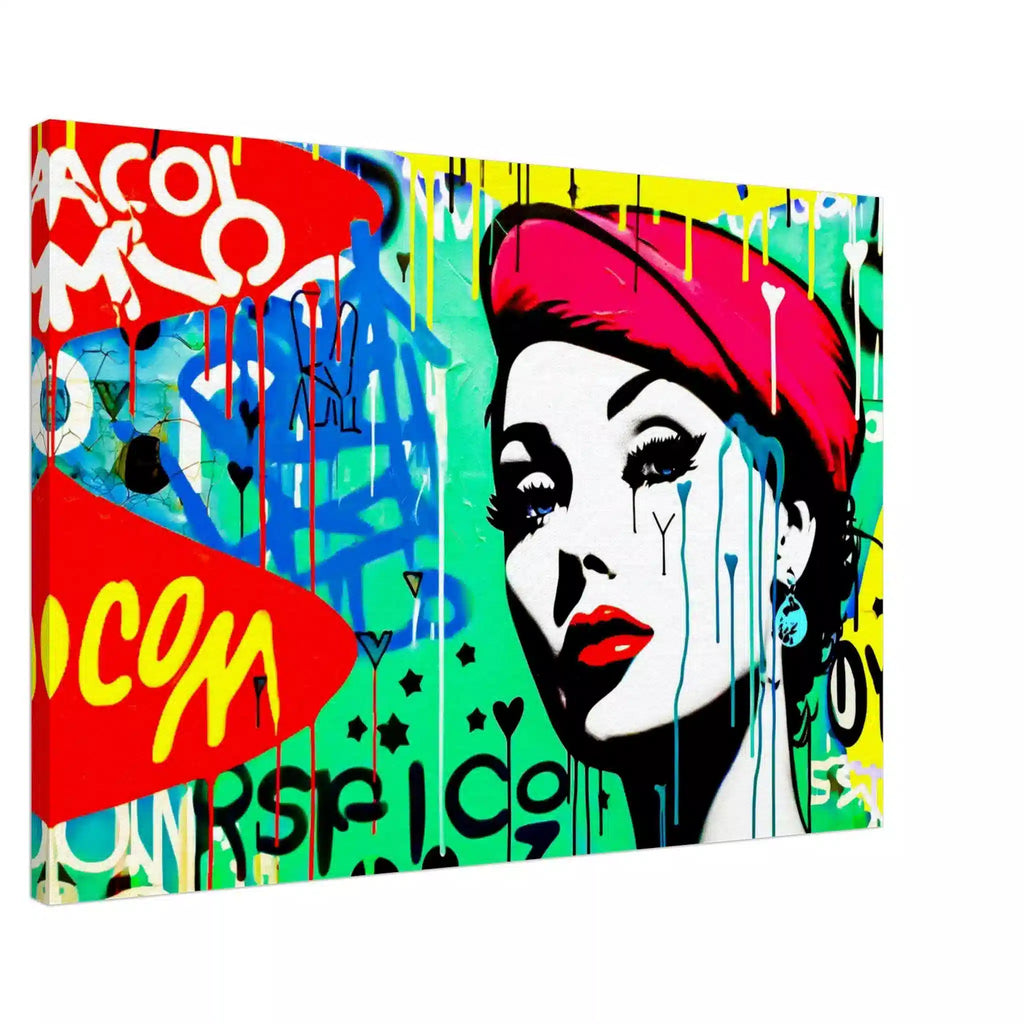 Canvas art print of a woman with a red beret and glamorous red lips, set against a vibrant green background with colorful graffiti. Inspectra Comic Canopy-Graphique Addictions.