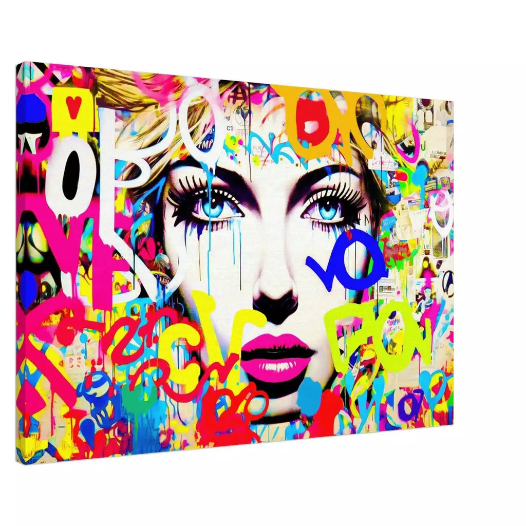 Slim canvas print close-up portrait of a woman against a white background, surrounded by vibrant graffiti and typography. Letters and Lipstick-Graphique Addictions.