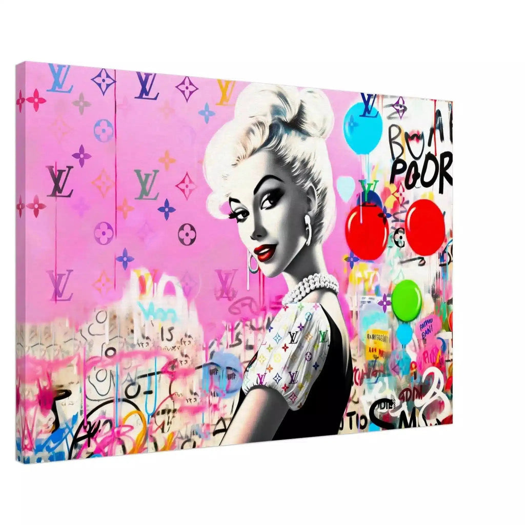 Canvas print of a barbie inspired doll wearing a black dress with white ruffles against a bubblegum pink backdrop of colorful LV monograms and graffiti and balloons. Luxe Pink Vuitton-Graphique Addictions.