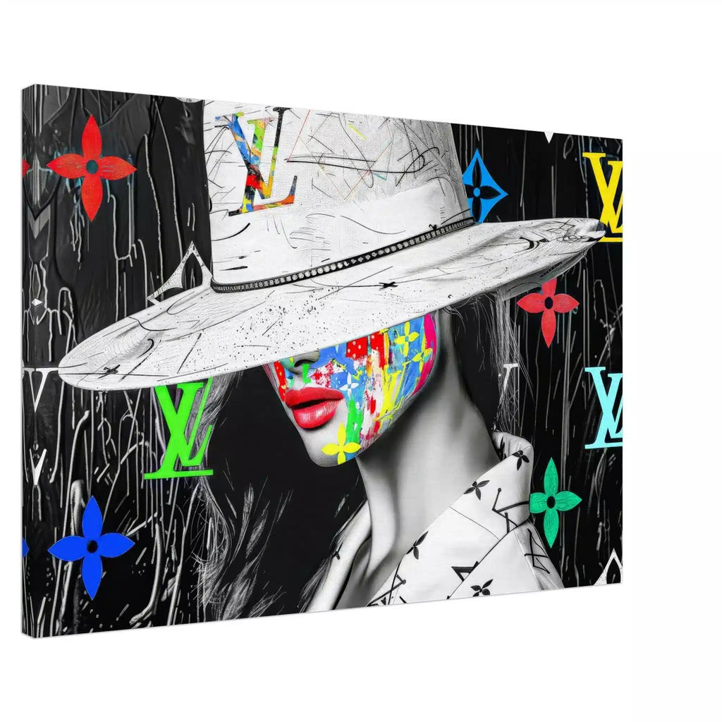 Canvas print of a woman with colorful graffiti on her face, wearing a wide-brimmed white hat and Louis Vuitton logos in background. Luxury meets graffiti, graphique addictions.