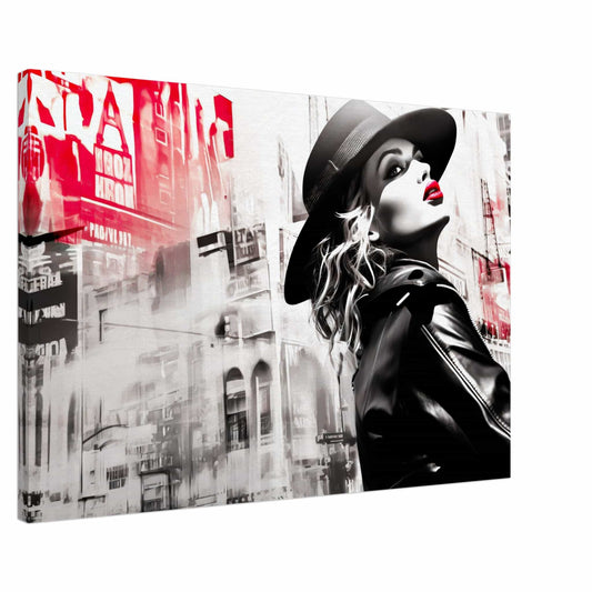 Madonna wearing a black hat, red lipstick, and a leather jacket against a backdrop of New York City buildings canvas print. Madonna in Noir-Graphique Addictions